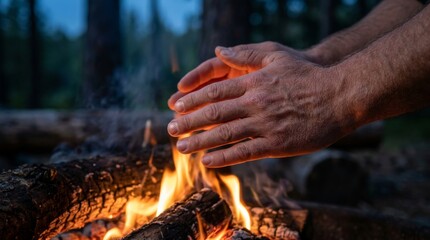 Fototapeta premium Hands Warming Up Around Glowing Campfire Outdoor Adventure Camping Night Scene