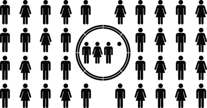 Target Audience and Customer Segmentation Concept Icon with Large Crowd of People Stick Figures and Scope Circle Symbol Vector Illustration
