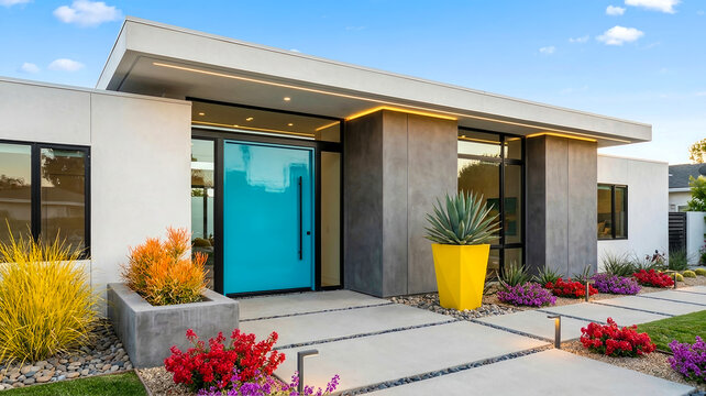 Modern luxury house exterior with bright turquoise front pivot door and contemporary xeriscape desert landscaping on a sunny day