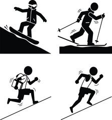 Fototapeta premium Winter Sports and Outdoor Activities Icon Set Featuring Snowboarding Skiing Hiking with Backpack and Running Uphill Stick Figure Vector Illustration