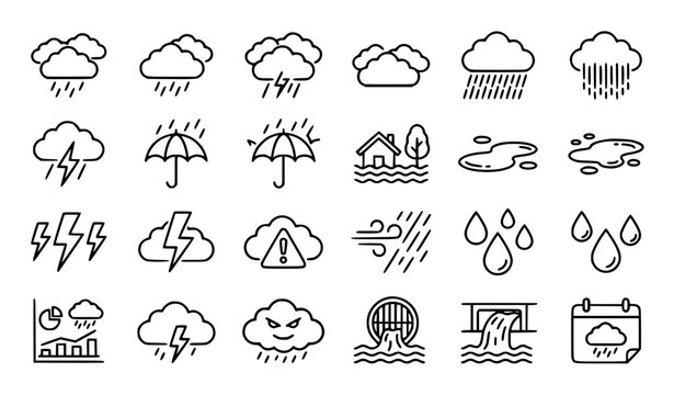 Rain Line Icon Set Featuring Storm Clouds Umbrella Flood and Weather Symbols