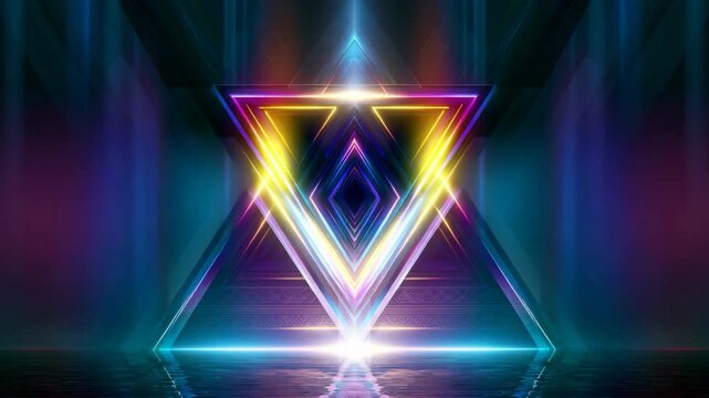 Symmetry neon light abstract background with geometric colorful gradient shapes, futuristic glowing design for digital art, stage, and modern wallpaper concept.