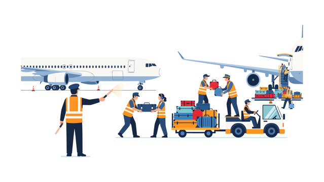 Ground Crew Loading Luggage: Airport ground crew meticulously load luggage onto an airplane, ensuring efficient operation of air travel.