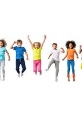 Fototapeta premium Group of Happy Diverse Children Jumping Together in Colorful Clothes Isolated on White Background