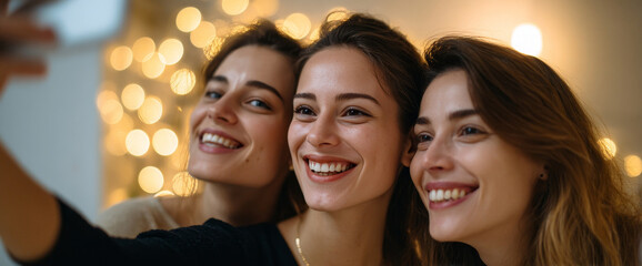 Obraz premium Three young women smiling and taking a selfie together indoors with warm bokeh lights in the background