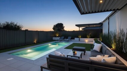 Fototapeta premium Modern backyard with swimming pool and patio at twilight