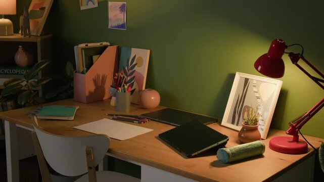 No people shot of wooden desk with red lamp, laptop, digital tablet, notebooks, stationery and decorative items against green wall in cozy room