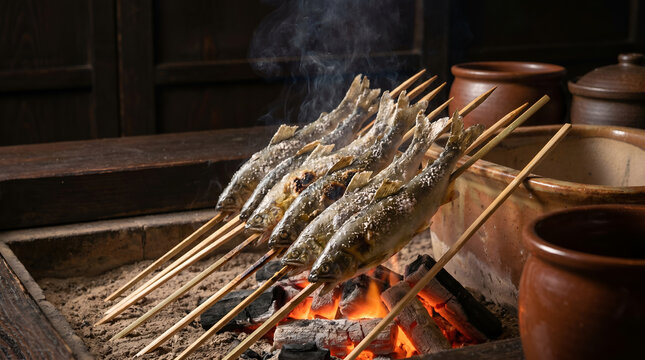 Freshly grilled ayu fish skewered around a glowing charcoal fire