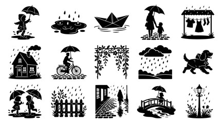 Naklejka premium Black and white vector icons of rainy day scenes and activities