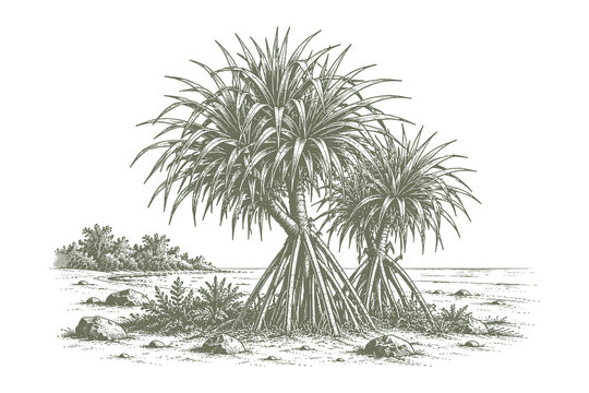Hand drawn tropical pandanus tree vector illustration, detailed vintage stilt roots sketch engraving style asset for coastal nature design.