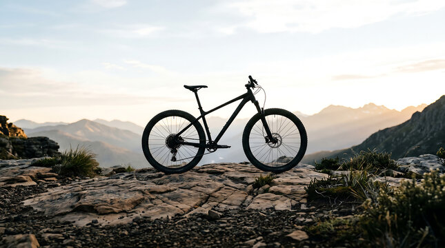 A bicycle stands on a rocky mountain top overlooking a serene landscape at sunset