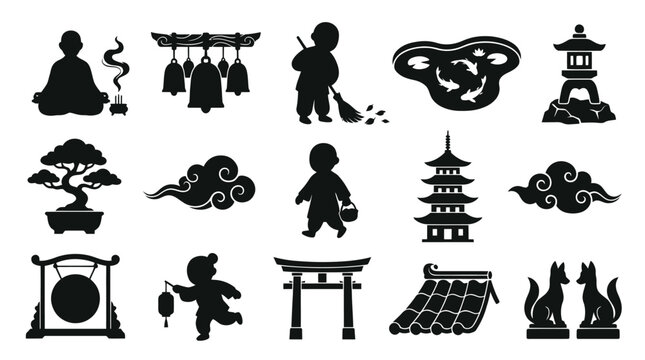 Japanese Culture Zen Buddhism Black  White Glyphs - Asian Spiritual Symbols  Traditional Icons Vector Set