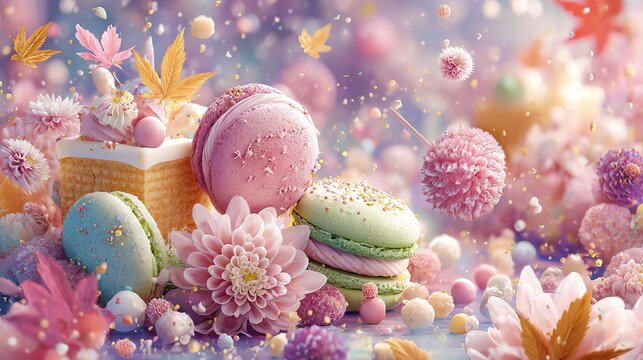 Colorful desserts with flowers and decorations.