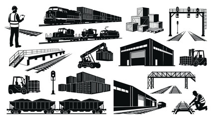 Obraz premium Black White Industrial Cargo Train Station Freight Logistics Icons Set