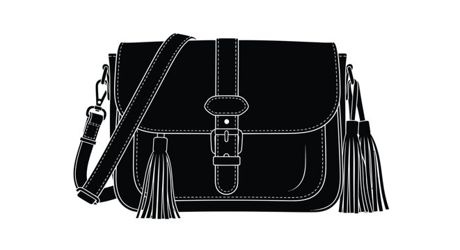 Black leather satchel bag with tassels linear style illustration
