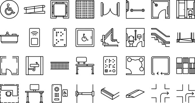 Accessibility and Universal Design Icon Set Featuring Inclusive Infrastructure Symbols for Public Spaces and Architectural Planning Vector