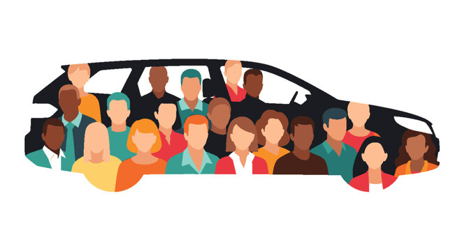 Diverse Group of People Filling a Car Silhouette, Symbolizing Community, Shared Mobility, Carpooling, and Inclusive Modern Transportation Solutions