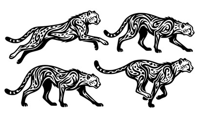 Tribal cheetah silhouette vector art isolated on white background with abstract wildlife animal poses © Md Humaun