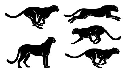 Dynamic cheetah silhouettes vector set isolated on white background with running wildlife animal poses © Md Humaun