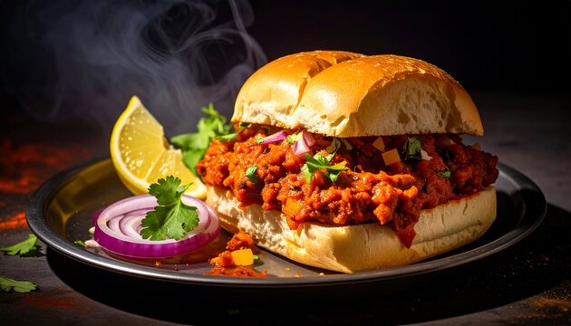 Street food pav bhaji with buttery bread coriander garnish onion and lemon