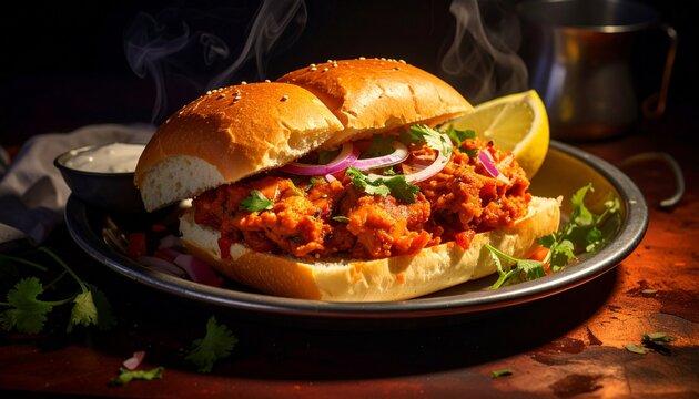 Flavorful Mumbai style pav bhaji served with onion lemon and coriander topping