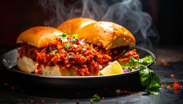 Hot and tasty pav bhaji with fresh coriander chopped onions and lemon wedges
