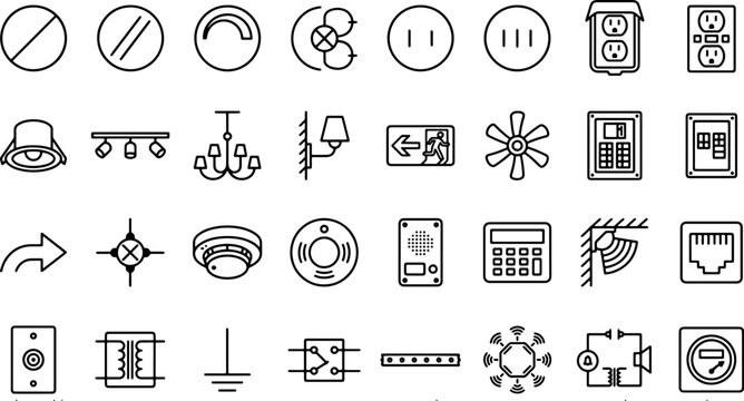 Electrical and Architectural Floor Plan Symbols Set for Residential Wiring Diagrams and Construction Blueprints Vector Illustration