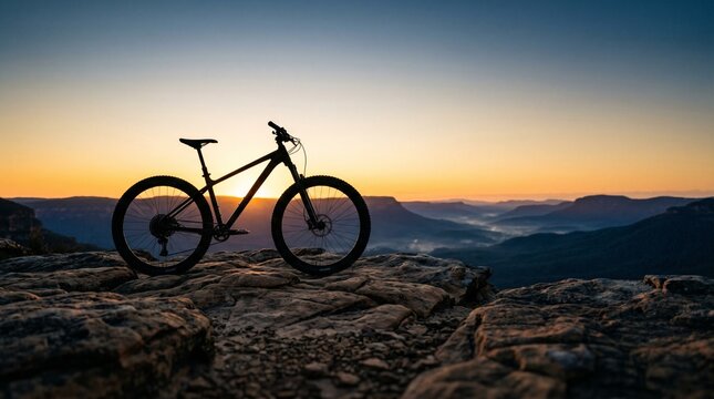 A bicycle stands on a rocky cliff overlooking a mountainous landscape at sunset.