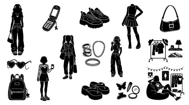 Emo Fashion Vector Set: Silhouettes of Girls, Clothes, Accessories, and Shoes
