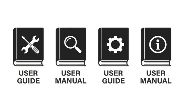 Set of black and white user guide and manual instruction book icons