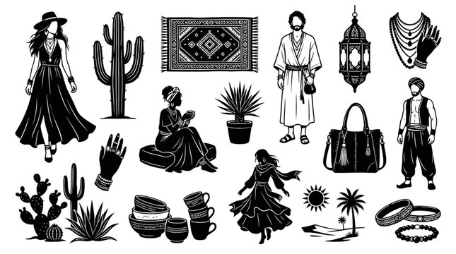 Black  White Desert  Middle Eastern Lifestyle Icons: People, Plants, Rug, Lantern, Bags, Jewelry