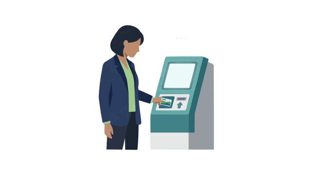 Woman using a modern self-service kiosk machine with a credit card PNG Isolated on transparent background