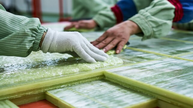 Closeup of fiberglass sheets being precisely arranged and coated with resin by skilled workers emphasizing durability and corrosion resistance.