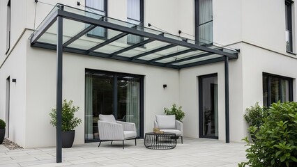 Modern patio with glass awning and comfortable outdoor furniture