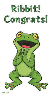 Cheerful cartoon frog celebrating with hands clasped in joy and ribbit text.