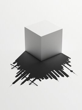 Minimalist white cube casting impossible city shadow white background conceptual design fine art concept