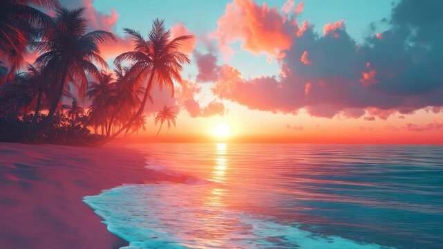 Summer background with bright orange sunset over a peaceful quiet beach shore and palm tree, warm tropical vacation landscape.