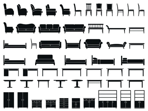 Black and white collection of various furniture CAD blocks, including sofas, chairs, beds, and tables for architectural design