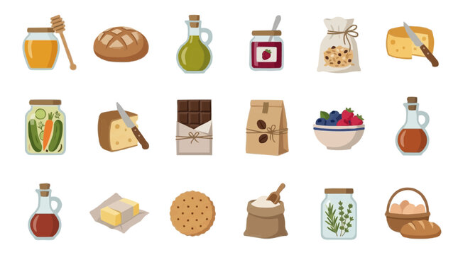 Collection of assorted food items and ingredients in a flat illustration style PNG Isolated on transparent background
