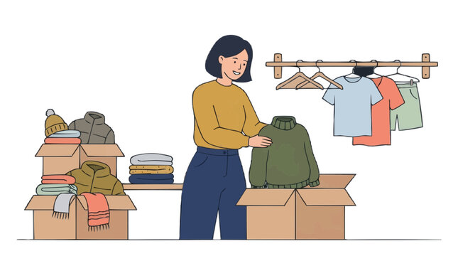 Woman packing winter clothes into donation boxes for charity PNG Isolated on transparent background