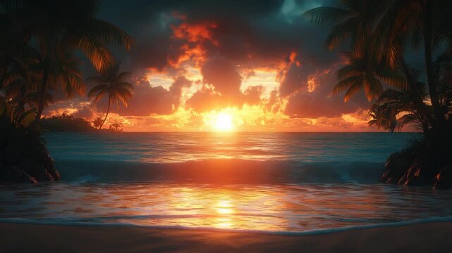Summer background with bright orange sunset over a peaceful quiet beach shore and palm tree, warm tropical vacation landscape.