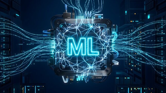 This digital photograph displays a glowing machine learning processor chip surrounded by complex neon blue data