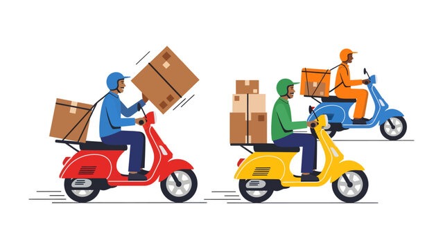 Express Delivery Squad: A vibrant vector illustration showcases a trio of delivery personnel on colorful scooters, efficiently transporting packages across urban landscapes.