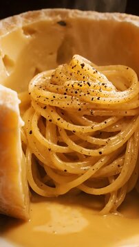 A close-up view of spaghetti with sauce and cheese in a bowl