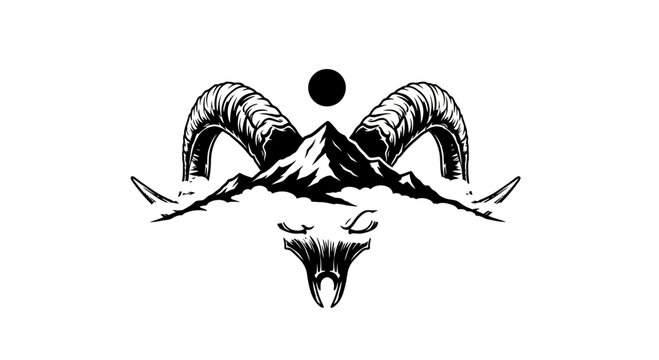 Abstract Ram Horns and Mountain Peak Silhouette Graphic