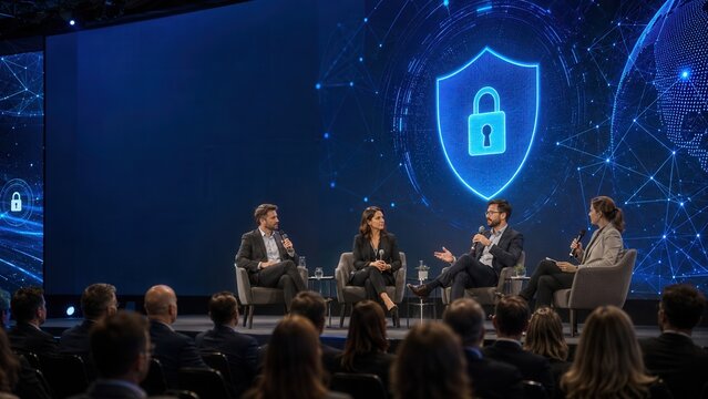 Panel Discussion on Cybersecurity with Three Experts professionals lock digital blue white screen audience