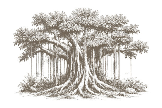 Hand drawn ancient banyan tree vector illustration, detailed vintage hanging roots sketch engraving style asset for jungle and heritage design.