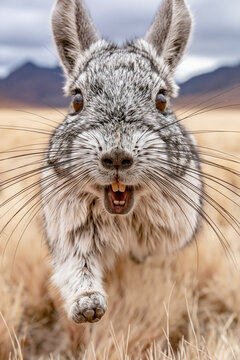 animal by ai, rabbit running into camera, bunny with large ears and open mouth, mountain viscacha, andean background, photorealistic