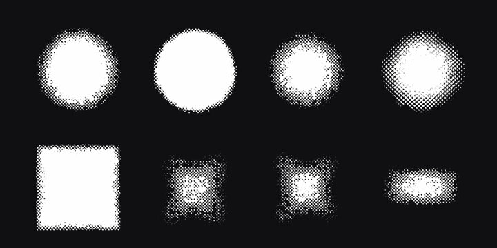 abstract circular and geometric shapes halftone texture isolated on black