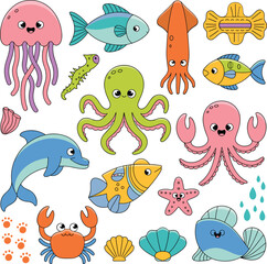 Obraz premium Cute underwater sea creatures collection, cartoon marine animals and ocean life vector illustration set design